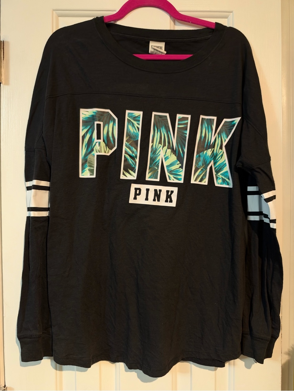 PINK Victoria's Secret Black Long-Sleeve Logo Tee with Teal Tropical Print